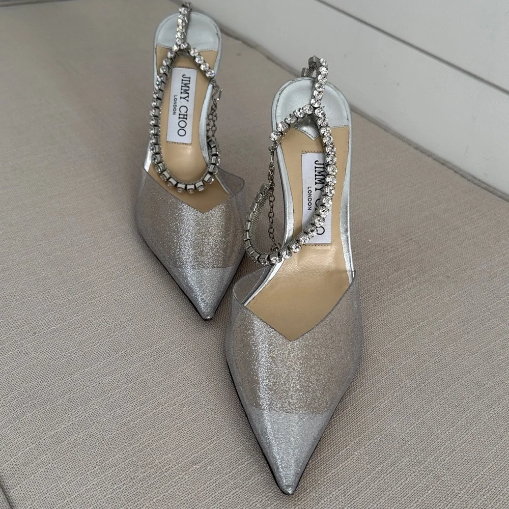 LIKE NEW-Jimmy Choo Saeda 100 Glitter Plexi Pumps with Crystal Embellishment - Picture 5 of 9